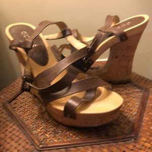Guess  Strappy Sandals with cork cut out heel. Size 9